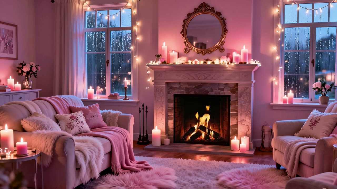 🌸 🌧️ Rainy Night by the Fireplace Ambience| Rain Sounds & Fireplace Sounds Pink Cozy Room (10 Hours)