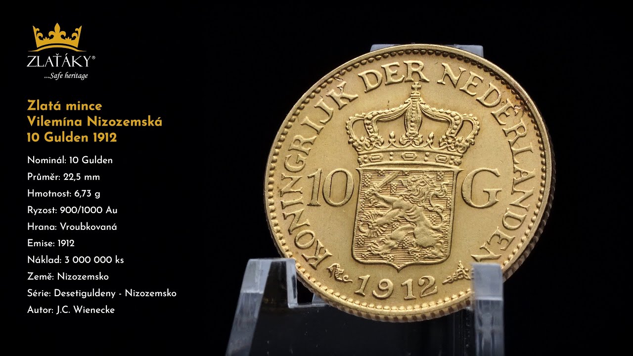 Zlatá mince 10 Gulden Vilemína Nizozemská 1912