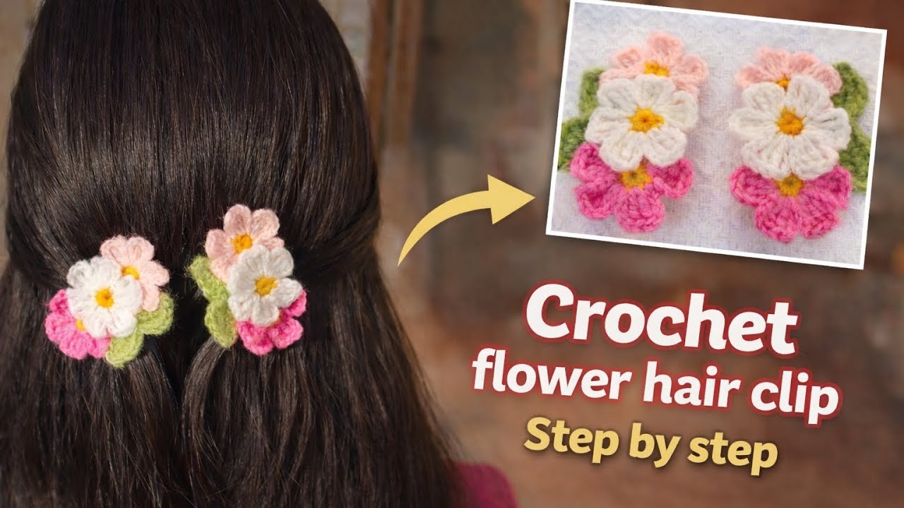 Crochet Flower Hair Clip 🌸 | Step by Step Tutorial | Beginner Friendly #crochetflower #hairclip #yt 