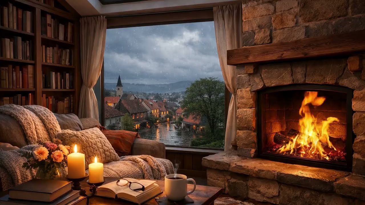 Rainy Fireplace Reading Ambience | 2 Hours Cozy Rain Sounds & Fire for Reading, Relaxation & Focus