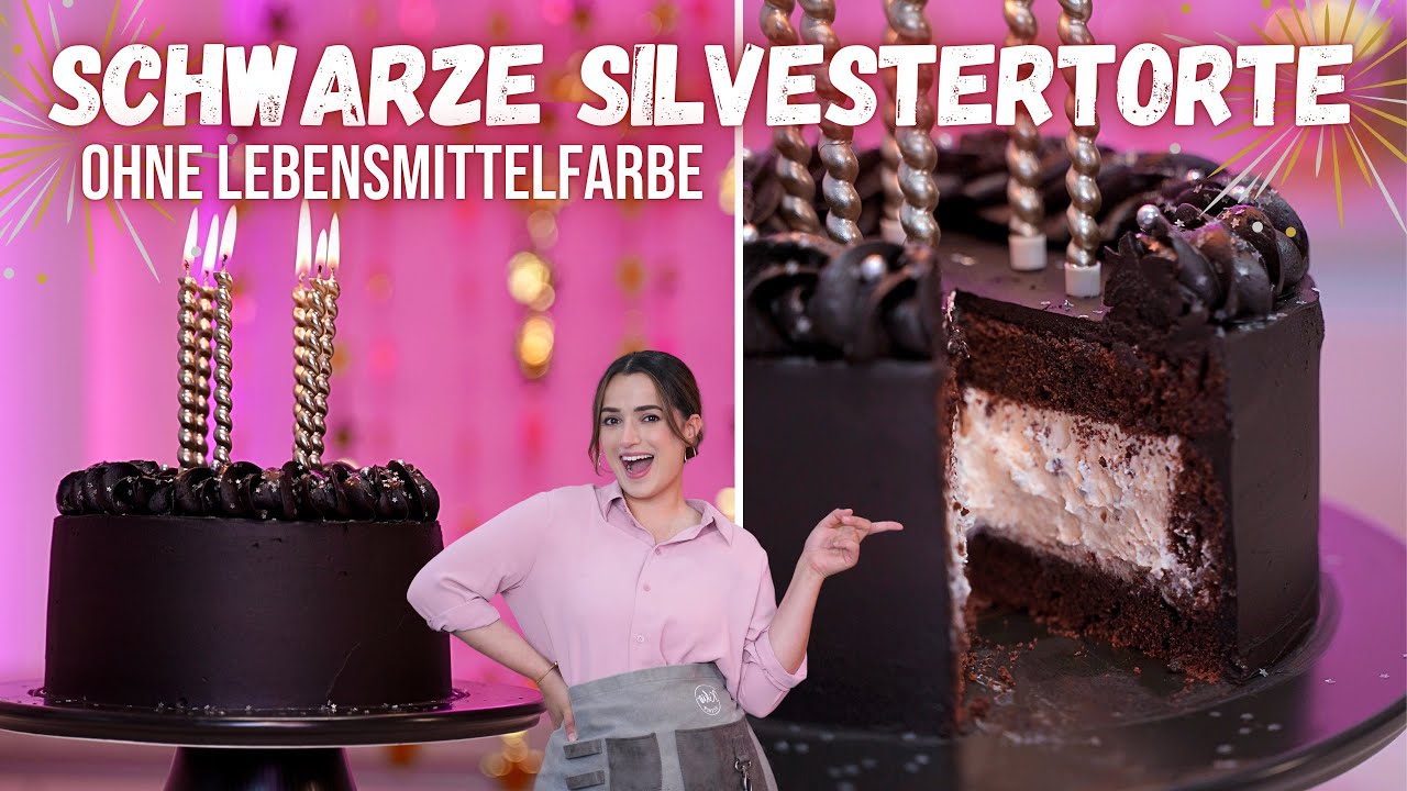 SCHOKO-SILVESTERTORTE mit weißer Crispy-Füllung 😍🎉 Schwarze Tortencreme ohne Lebensmittelfarbe
