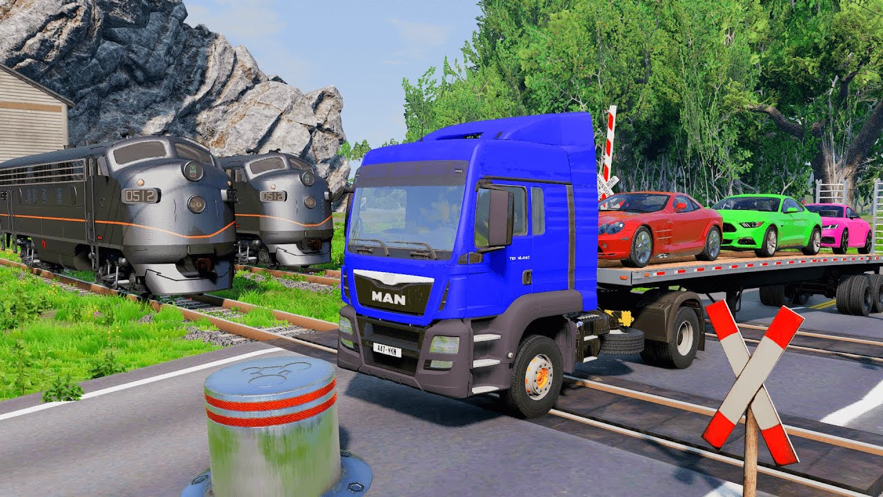 Flatbed Truck Sport Cars | Transportation with Truck - Pothole vs Car #16 - BeamNG.drive