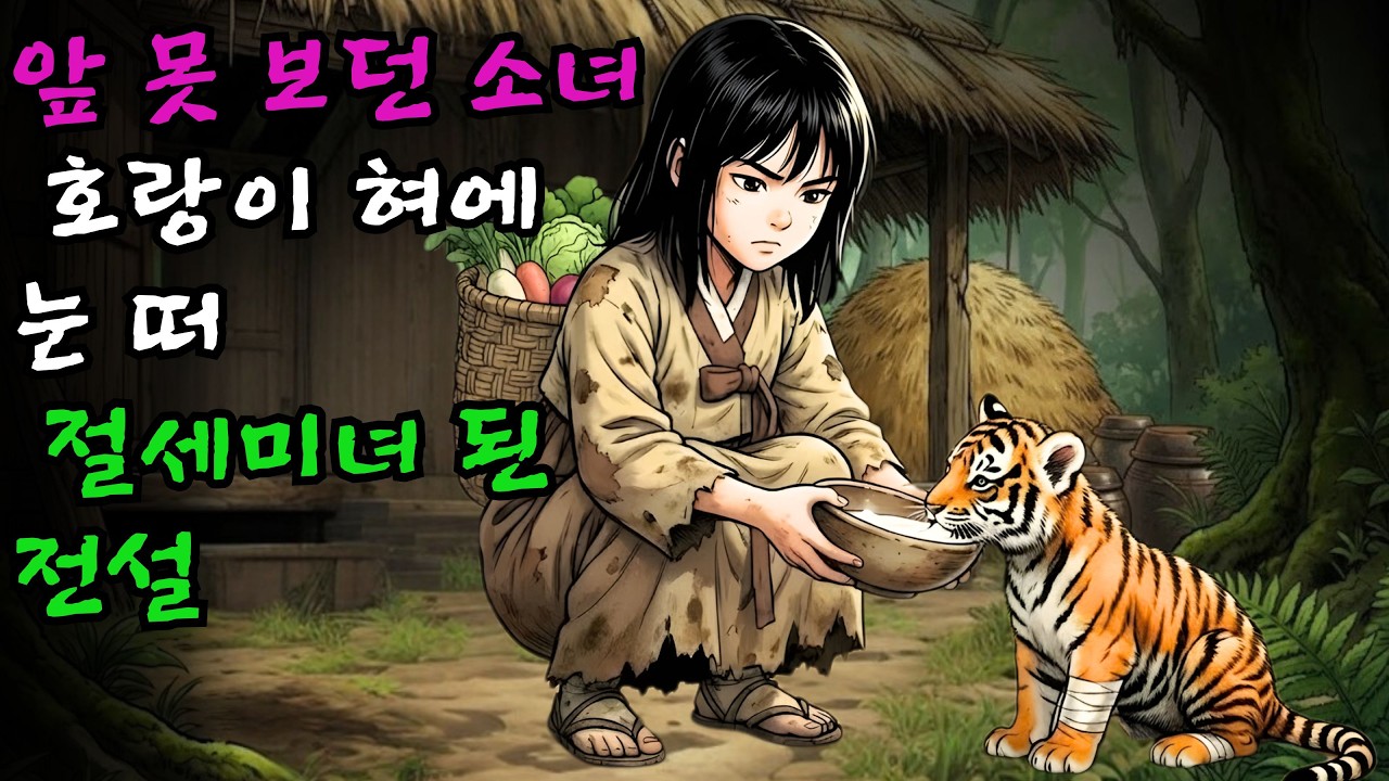 앞을 못 보는 소녀가 동냥 젖을 얻어다 호랑이 새끼를 키웠는데 녀석이 혀로 소녀의 눈을 핥아주자 거짓말처럼 눈이 떠지고 절세미녀가 된 전설 | 민담설화