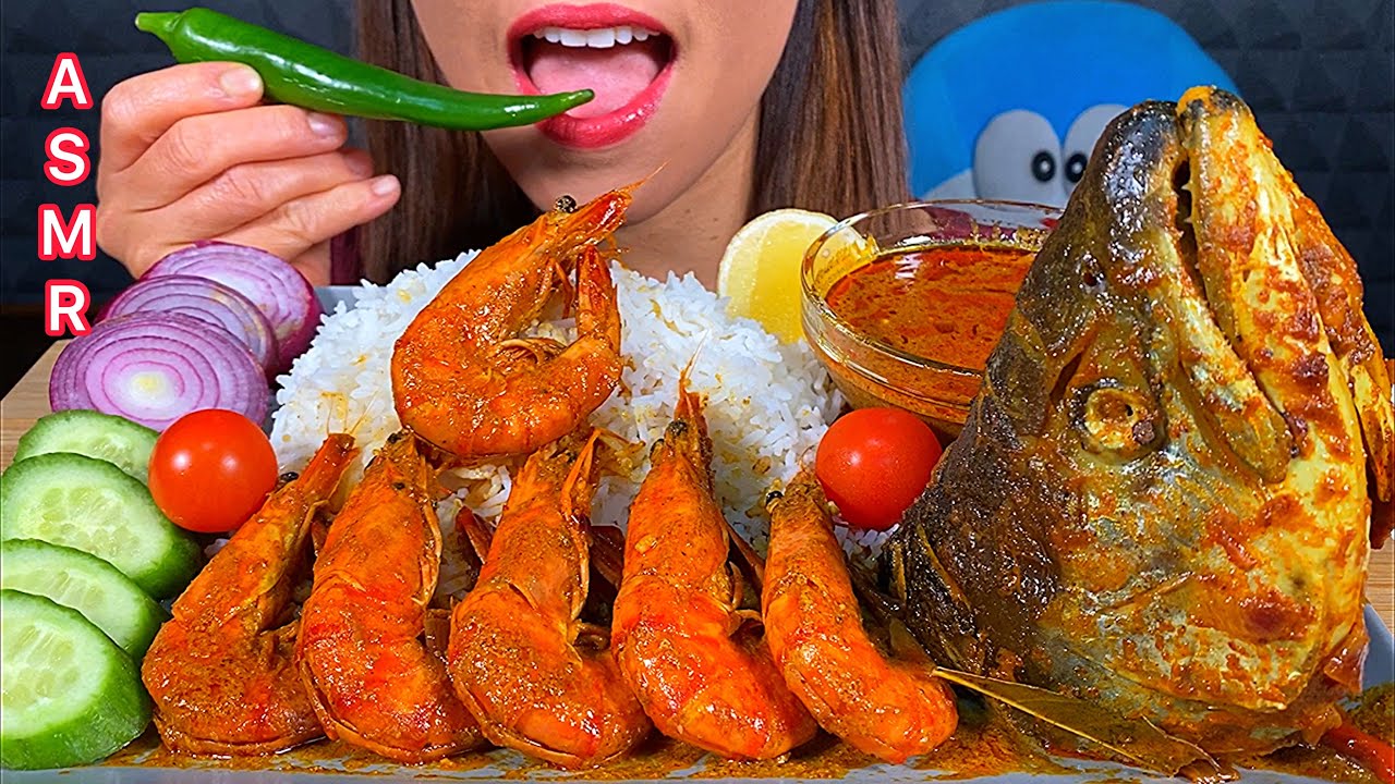 EATING SPICY PRAWNS CURRY, FISH CURRY, RICE, HOT CHILI, ONION, CUCUMBER & TOMATO ASMR Sounds