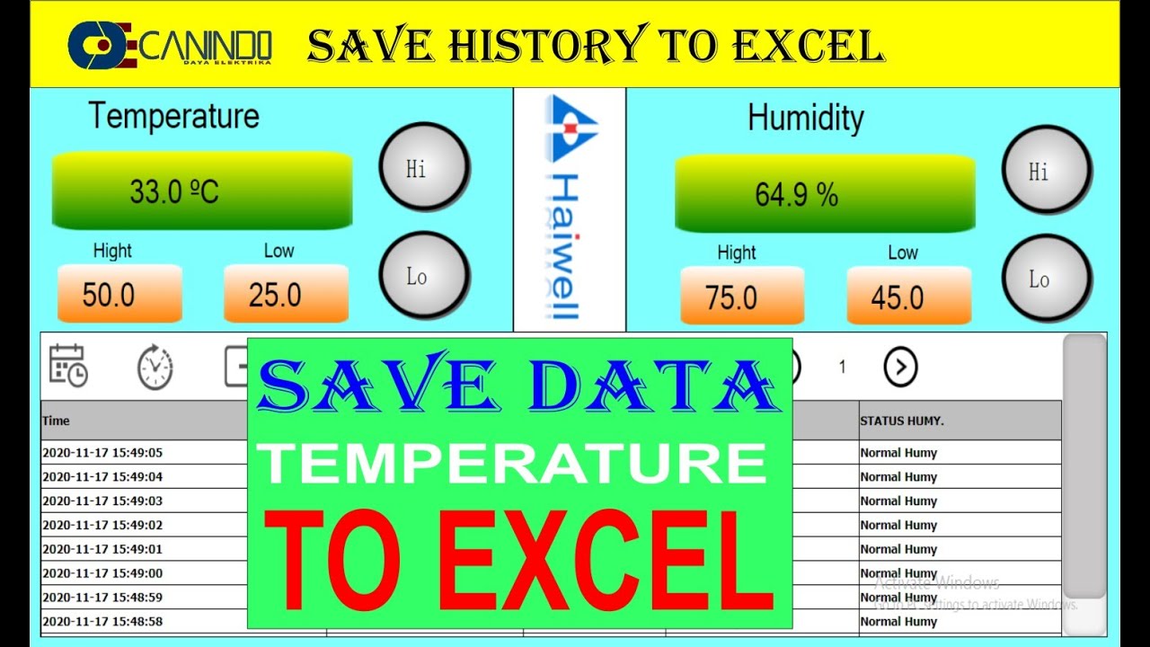 Save Data temperature to Excel Haiwell IoT Cloud HMI