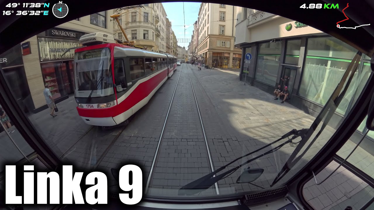 Linka 9 Brno -- Lesná, Čertova rokle - Juliánov [ČKD DS T6A5] [Tram Cab View]