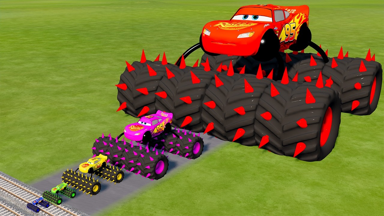 Big & Small Colors McQueen Spider Monster Wheels with Spike VS Train | BeamNG.drive