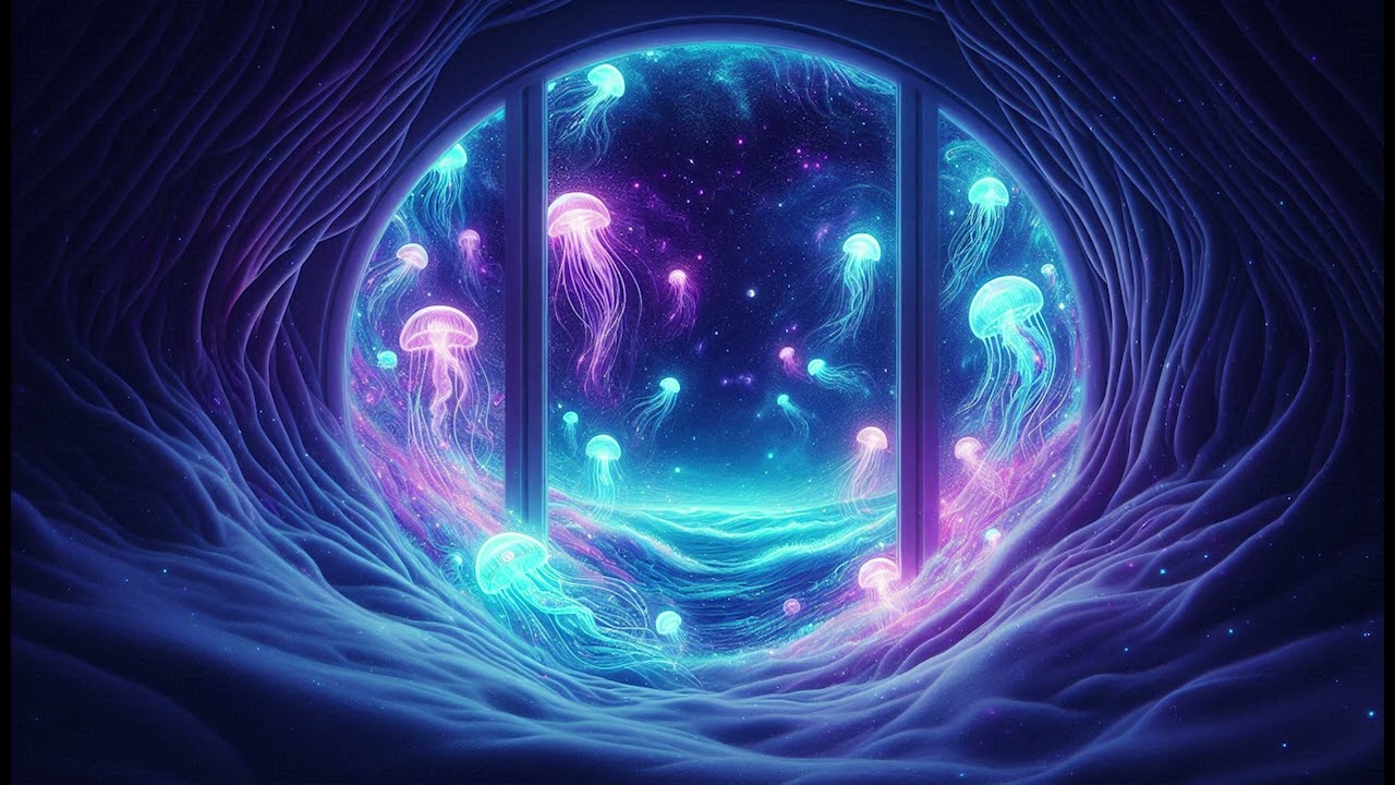 Close up of Colorful Window with Glowing Jellyfish Wallpaper / Background with Ocean Sounds