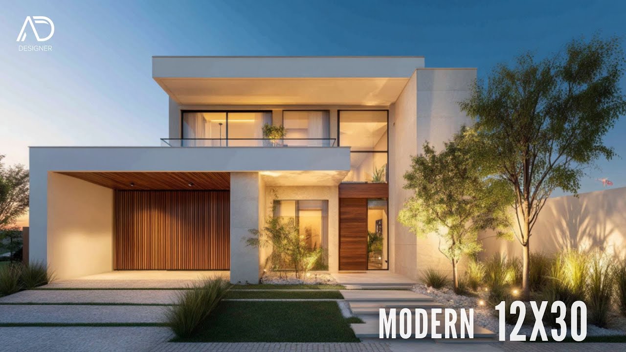 Projeto Inovador de Casa 12x30 &ndash; Fachada, Piscina e Interior de Cinema