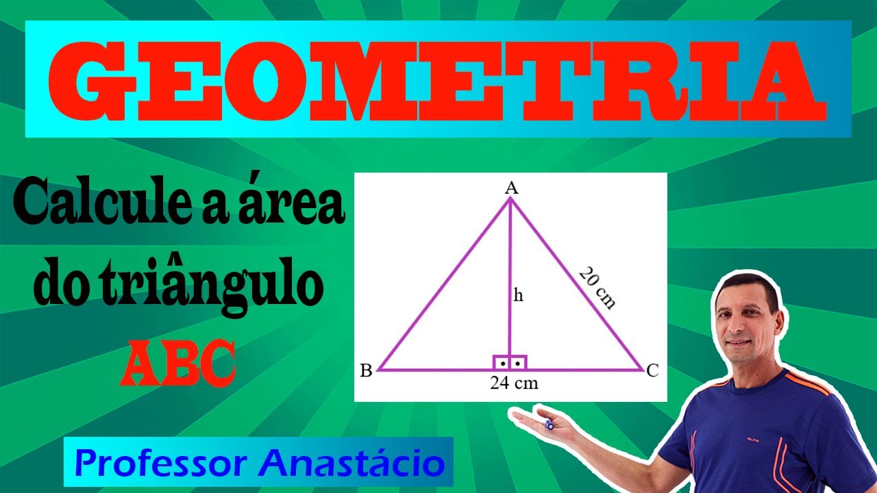 Como calcular a altura h e a área do triângulo isósceles ABC. Geometria plana. Matemática básica.