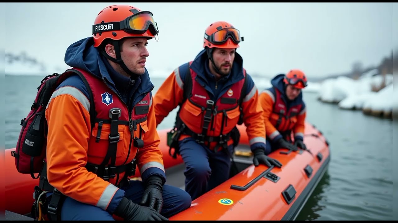 Saving a horse from drowning in frozen water by a heroic rescue team