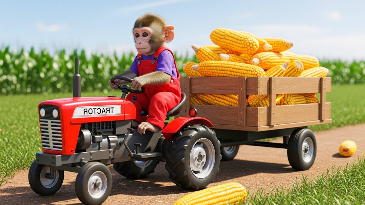 Baby Monkey TiTi Farm Job&mdash;Harvesting Corn with a Tractor on the Family Farm 🐒🌽🚜Monkey Farm Work