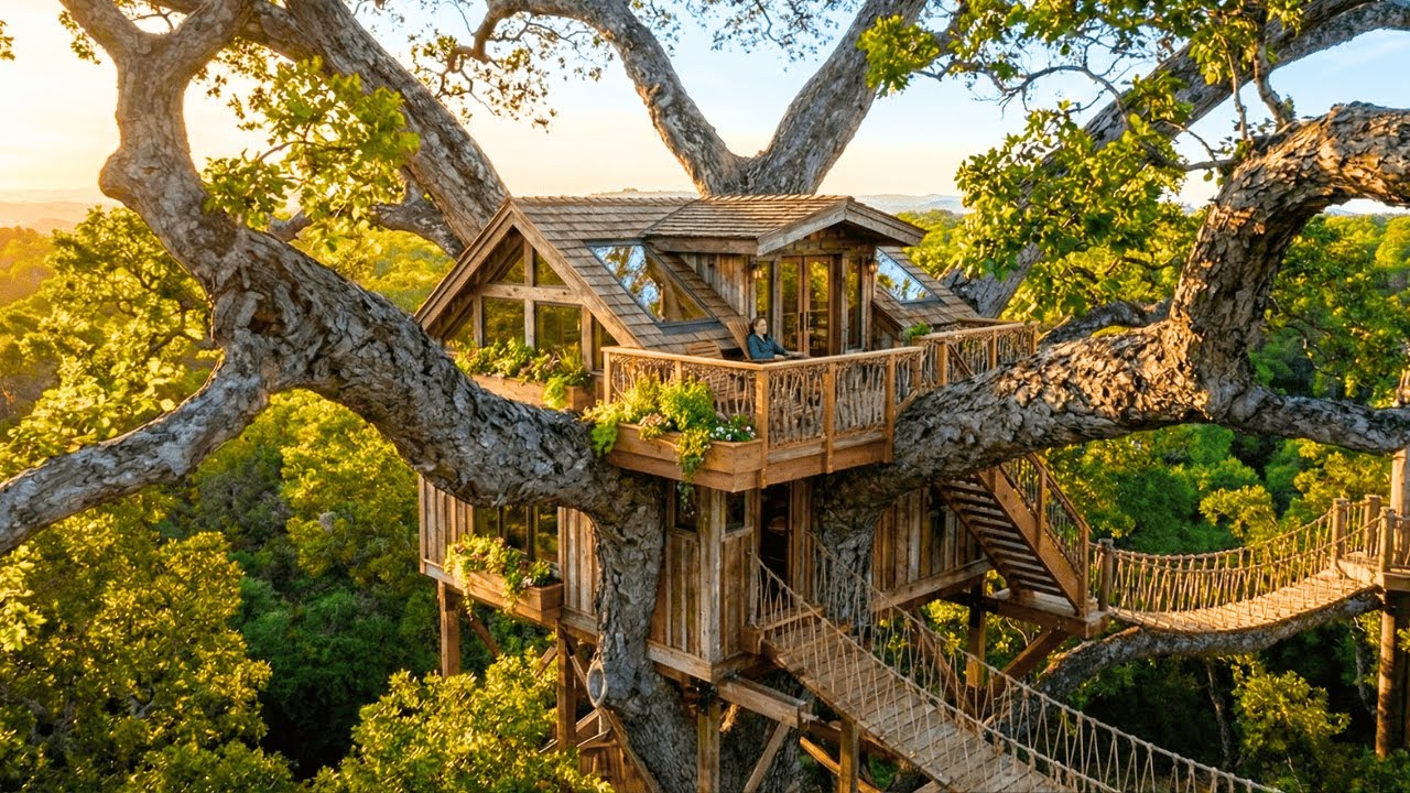 Forest Treehouse Build (ASMR) – A Woman Builds a Wooden Cabin on a Giant Ancient Tree Alone