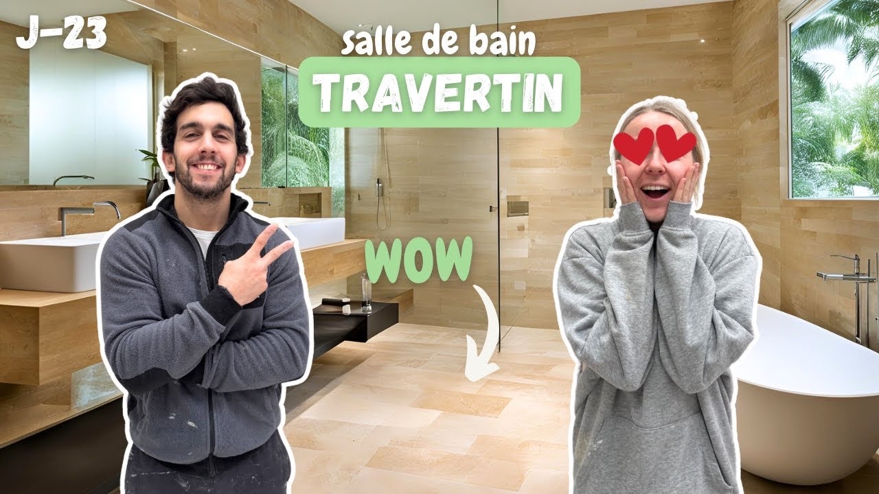SOL SALLE DE BAIN EN TRAVERTIN 🤩 - Carrelage sur plancher bois - VLOG Rénovation Hangar #63