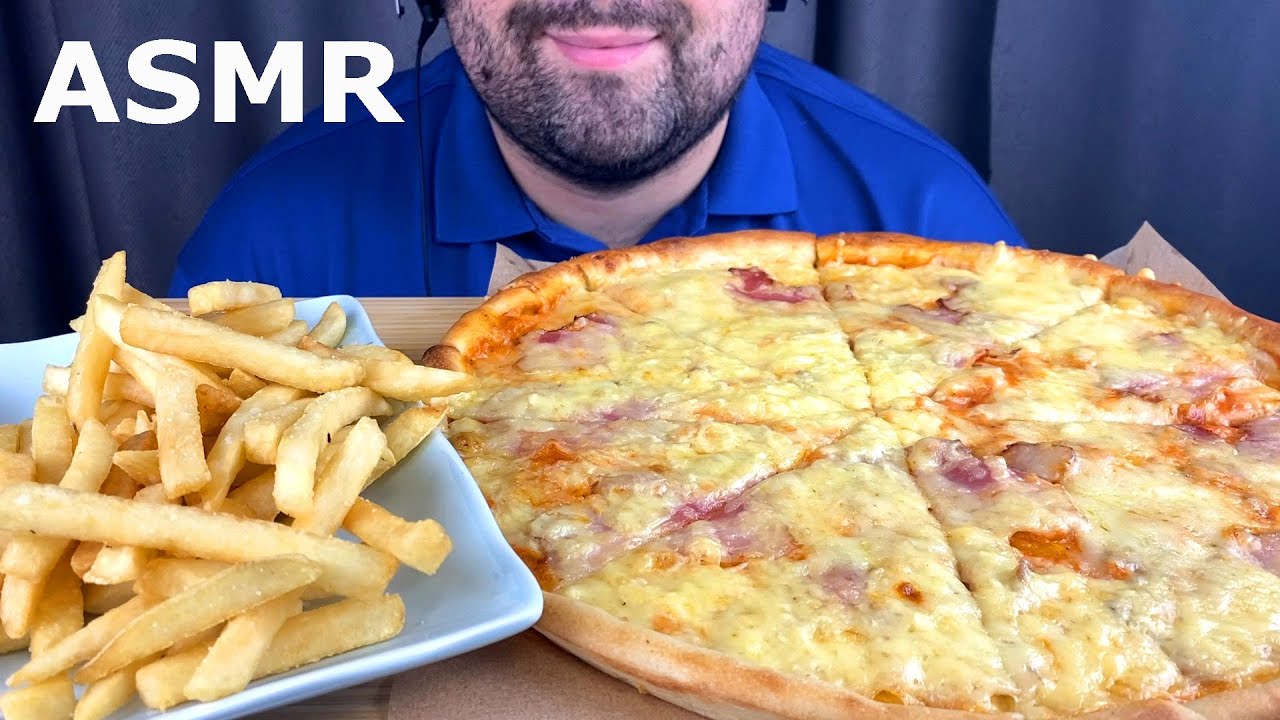 ASMR CREAMY CHEESE PIZZA & FRIES MUKBANG (EATING CHEESE PIZZA WITH EGGS AND BACON) EATING SOUNDS