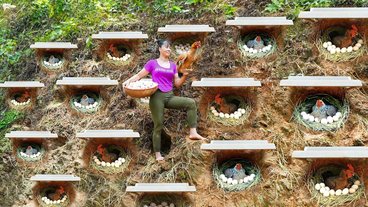 Building Nest For Hens To Lay Egg - Harvest Chicken Eggs In Hole Goes To Market Sell