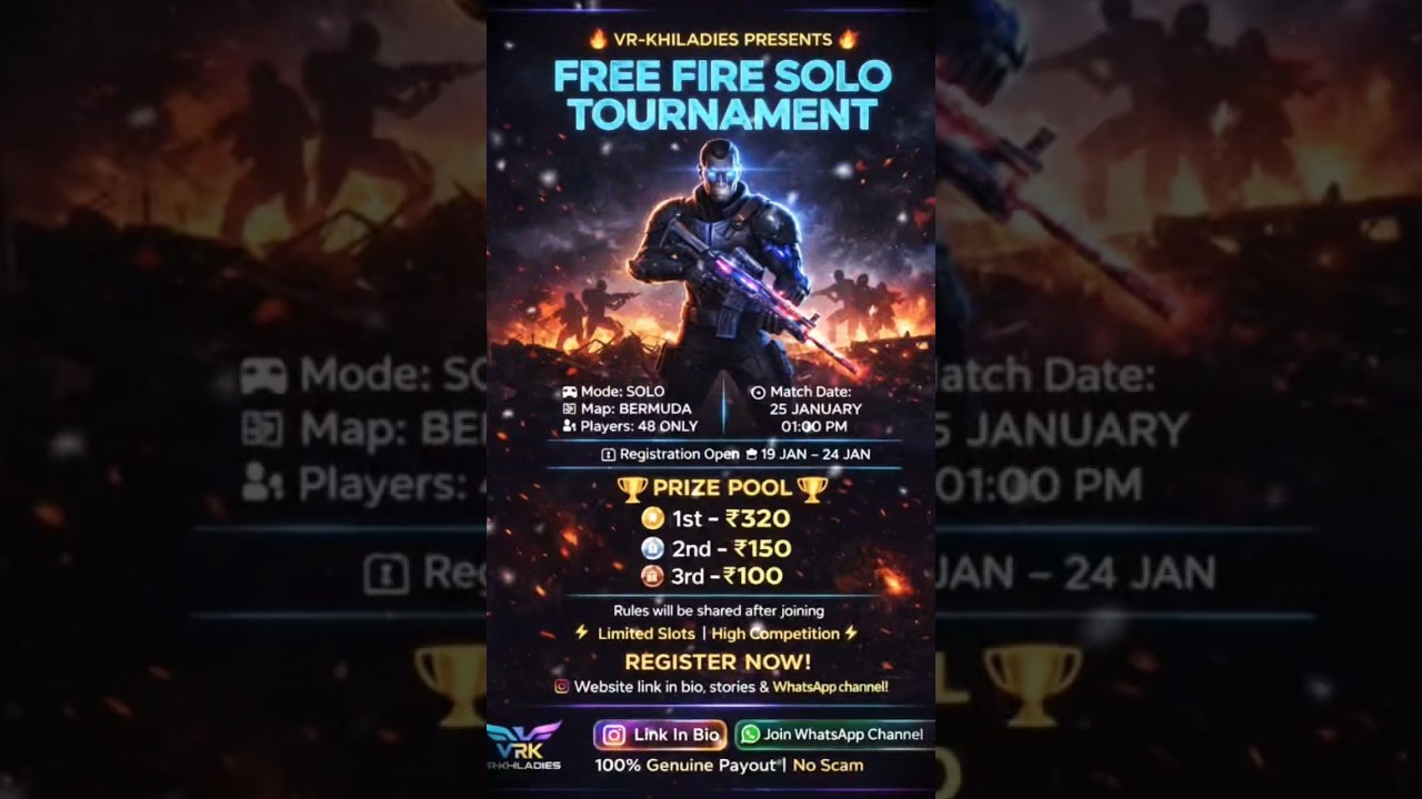 🔥 FREE FIRE SOLO TOURNAMENT IS LIVE 🔥Entry ₹30 | Cash Prizes 💰