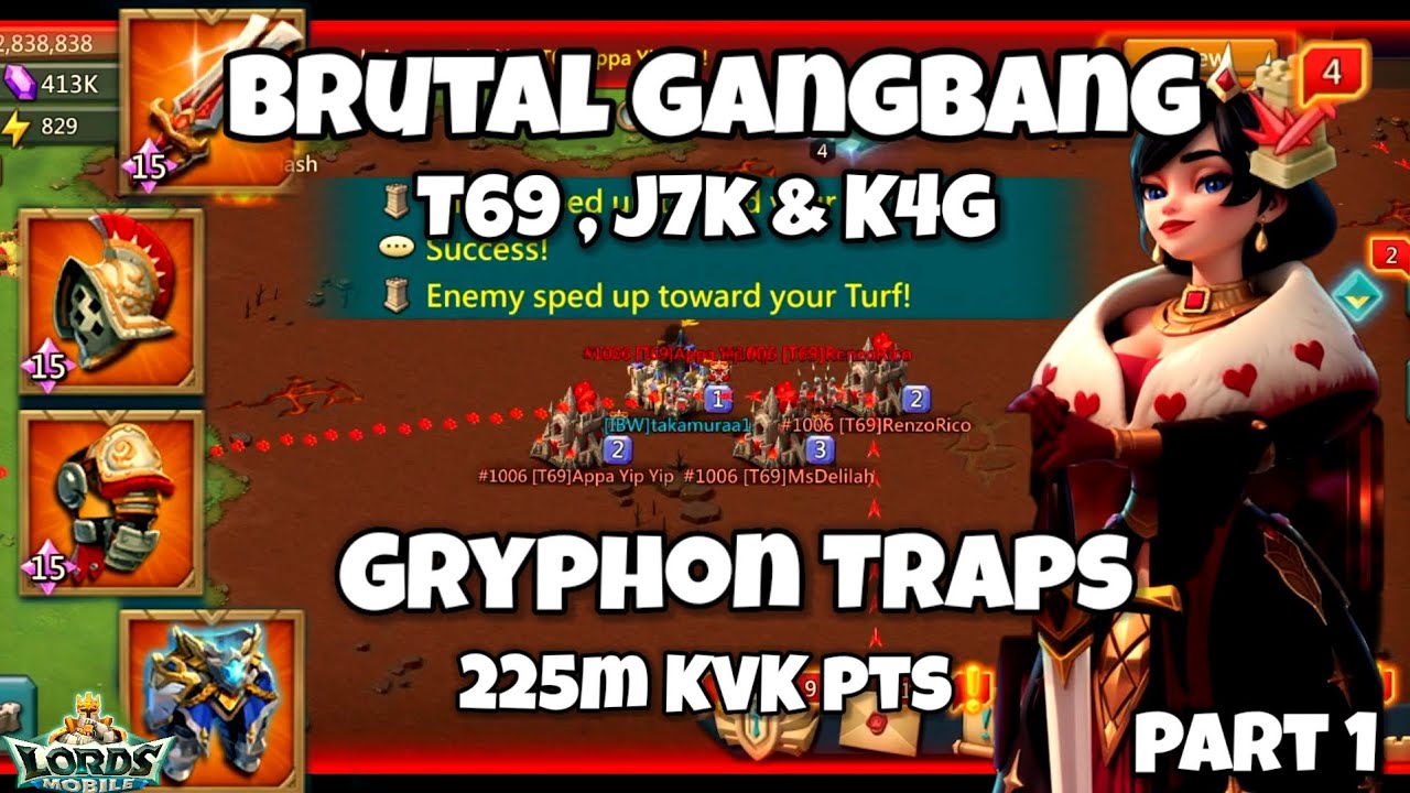 Lords Mobile - Brutal GB T69 , J7k & K4G vs Gryphon Solo Trap | 225m pta and 200k Gems ransom ,,