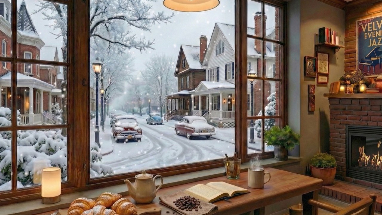 Cozy Winter Morning Jazz Fireplace 🔥 Winter Snow Outside & Relaxing Café Ambience for Reading & Work