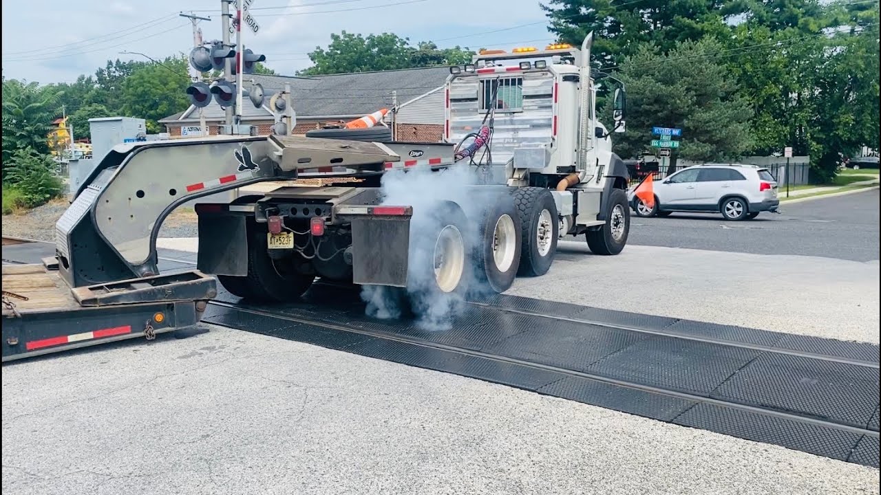 Semi Tractor Trailer Gets Stuck On Train Tracks!!!
