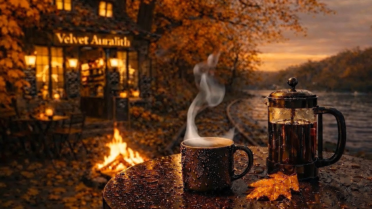 Autumn Lakeside Evening | Warm Jazz with  Coffee and Fireplace Sounds for Relaxation and Unwinding