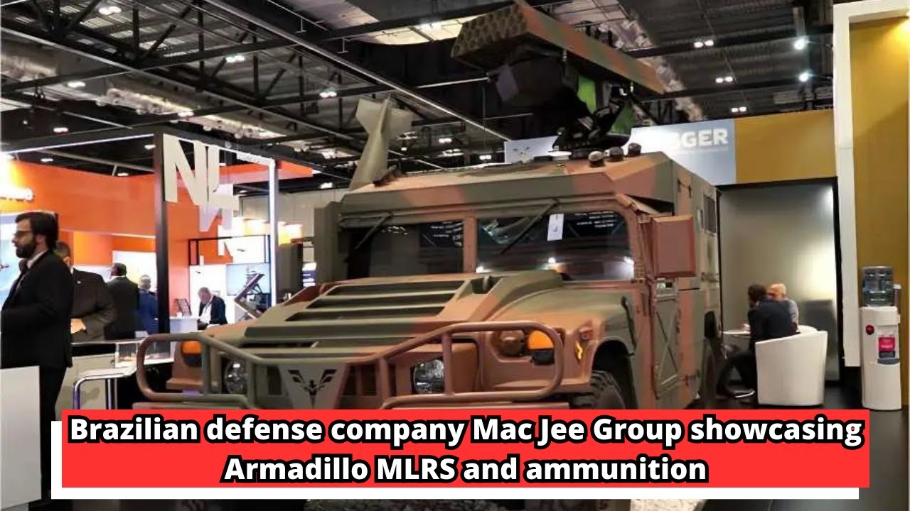 Brazilian defense company Mac Jee Group showcasing Armadillo MLRS and ammunition