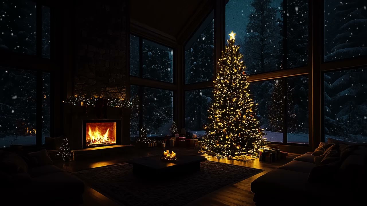Winter Cabin Night Ambience ❄️ Warm Fireplace Crackles and Snowy Winds for Deep Sleep & Calm