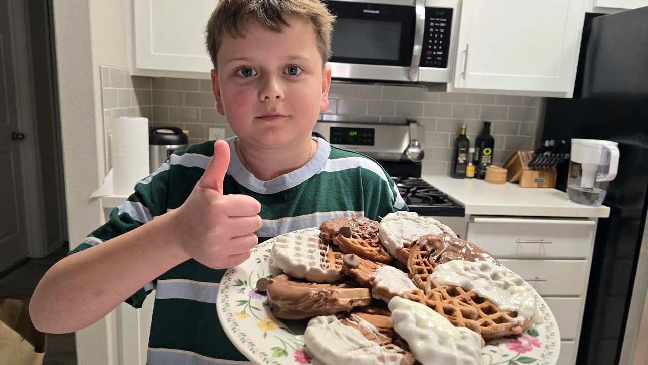 Making double chocolate waffles 