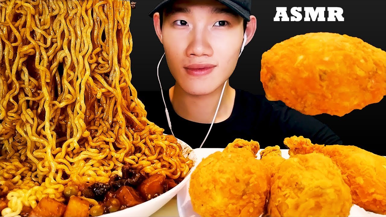 ASMR BLACK BEAN NOODLES & FRIED CHICKEN Cooking Sounds & Eating Sounds