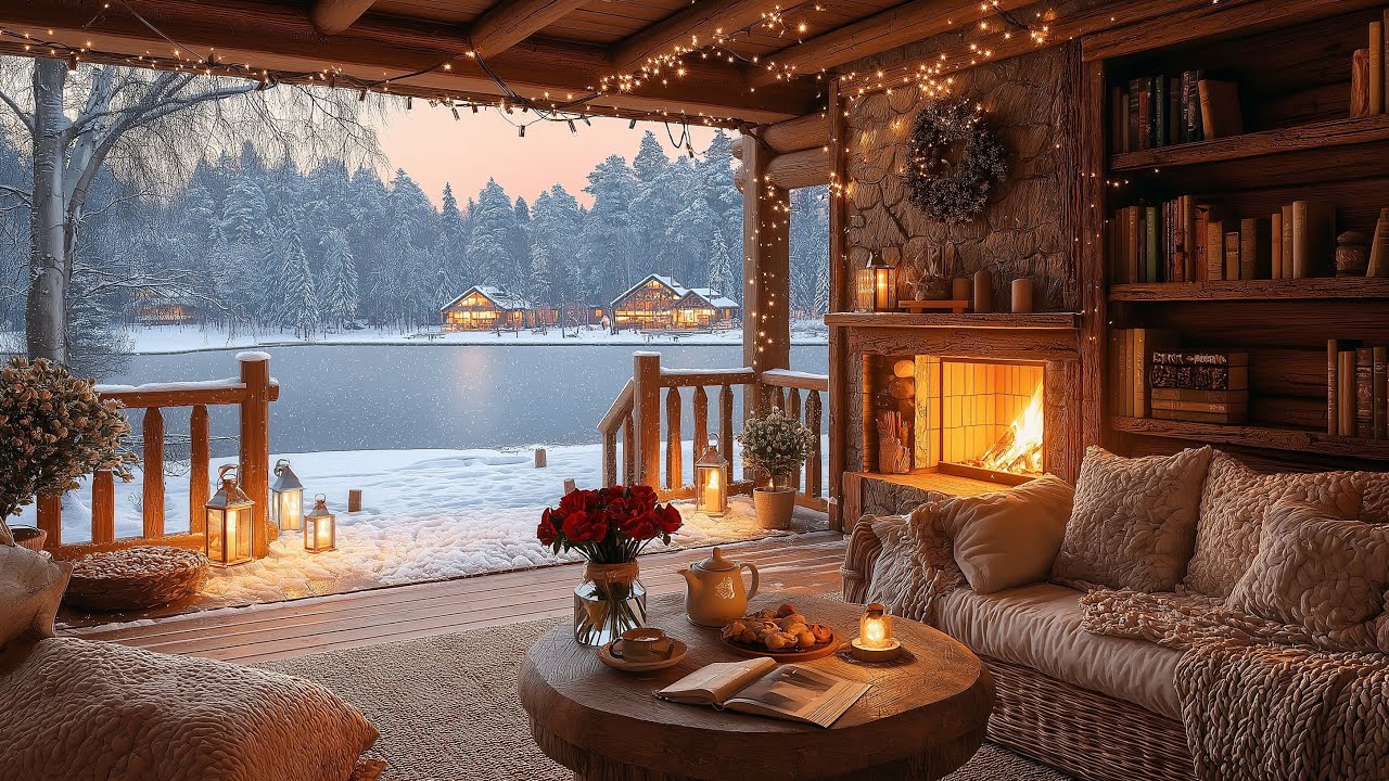 Winter Lake Cabin Ambience ❄️ Soft Piano Music & Fireplace Sounds for Focus, Study & Calm