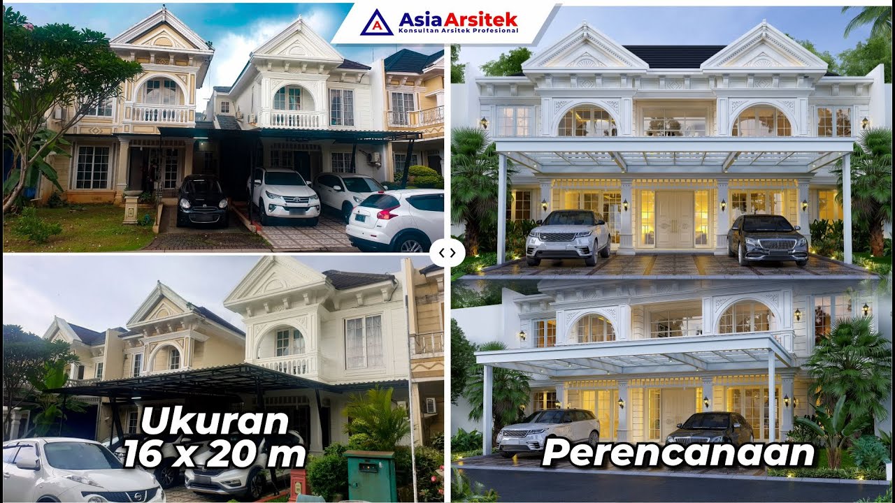 Desain Rumah Mewah Style Mediterania 2 Lantai 4 Kamar Carport 3 Mobil di Lahan 16x20 Meter