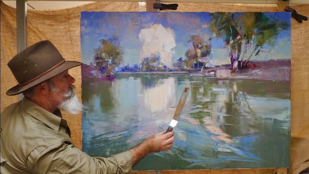 STUDIO OIL PAINTING - Water Reflections / Calm Water Canoeing / Thunderhead Clouds - River Landscape