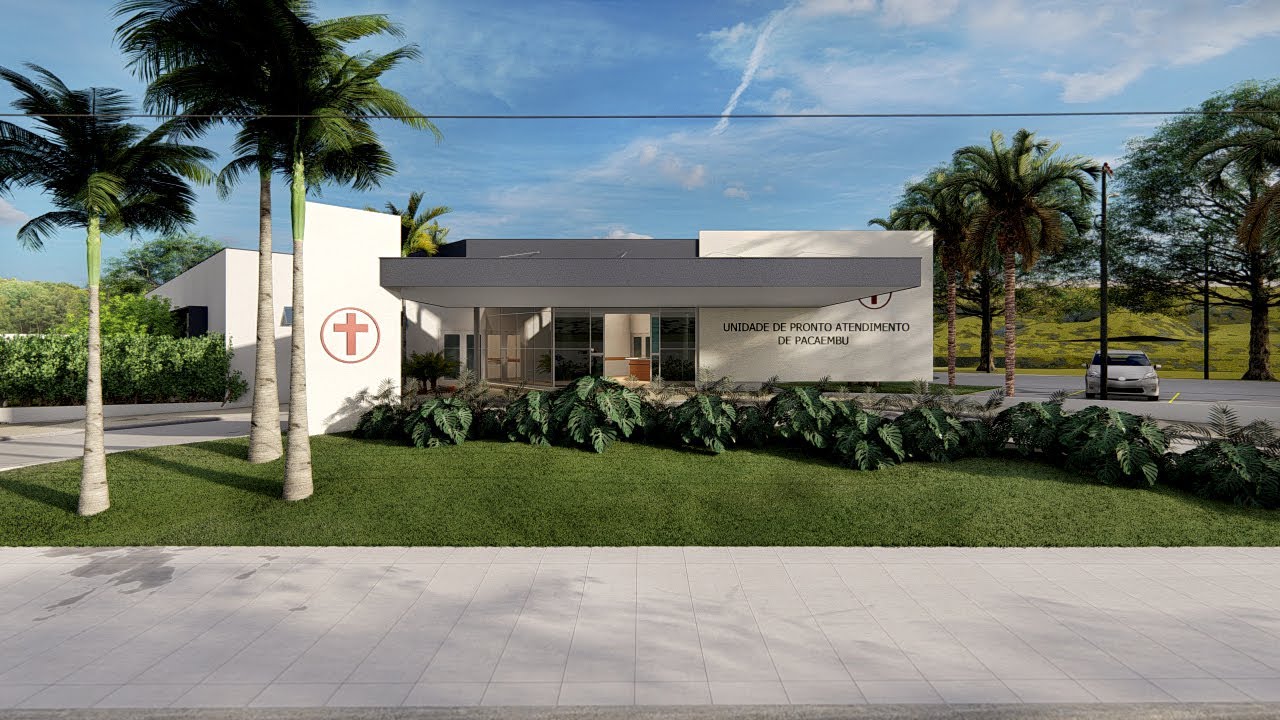 Projeto em 3D do Hospital Municipal de Pacaembu: Arquitetura Hospitalar Moderna e Funcional.
