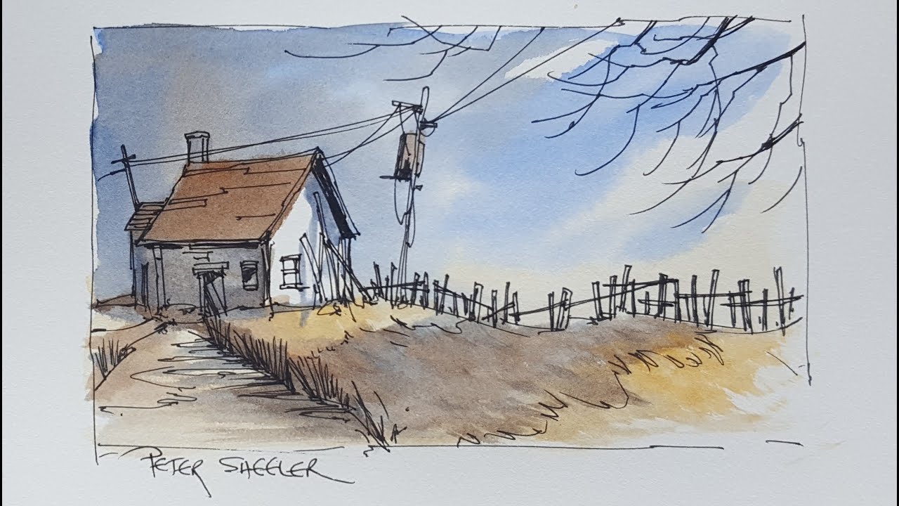 A Pen and Wash Watercolour. Fall Twilight Shadow Demonstration using only 3 colors.