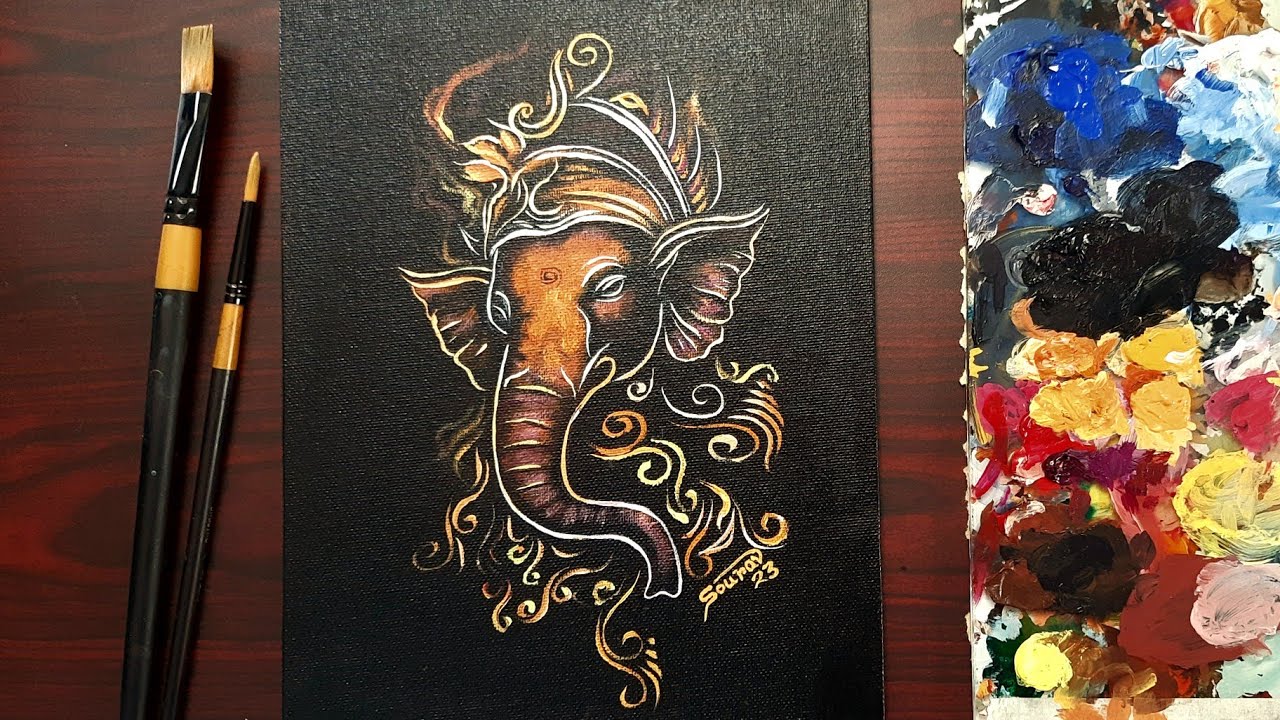 Ganesha acrylic painting on black canvas | Ganesha Painting easy