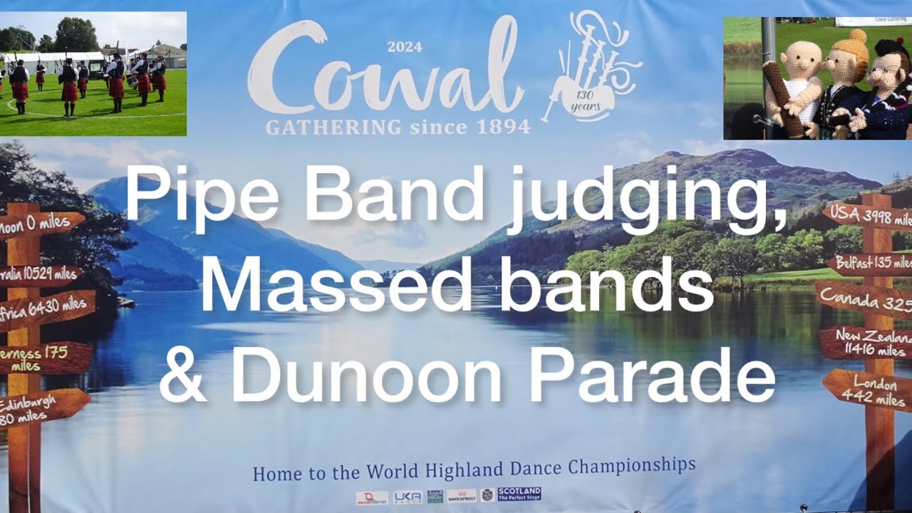 Cowal Gathering 2024, Dunoon, Scotland. Pipe Band judging, sounds of massed bands, evening parade.