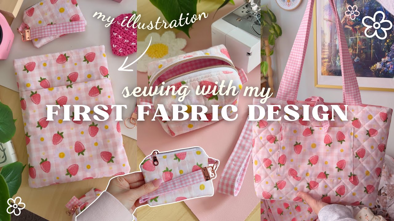 First Custom Fabric! 🍓🪡 sewing tote, makeup bag, & more with my own illustrated fabric!