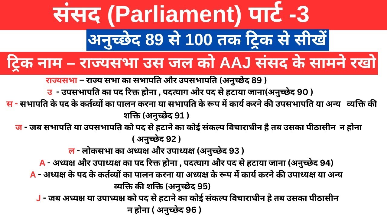अनुच्छेद 89 से 100 तक ट्रिक से याद करे ज़िंदगी भर के लिए.100000%
