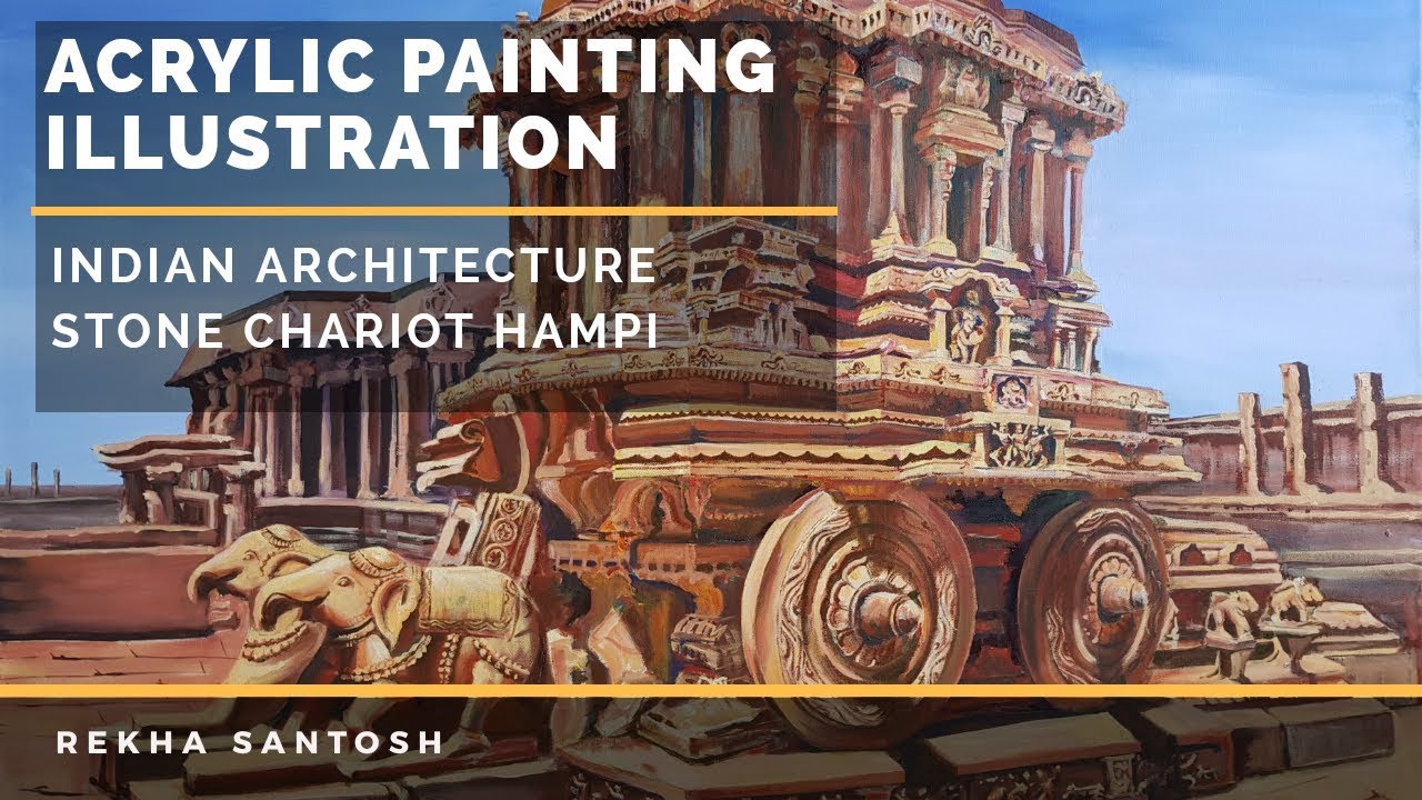 Acrylic landscape painting illustration + Chat | Ancient Indian architecture | Stone chariot Hampi