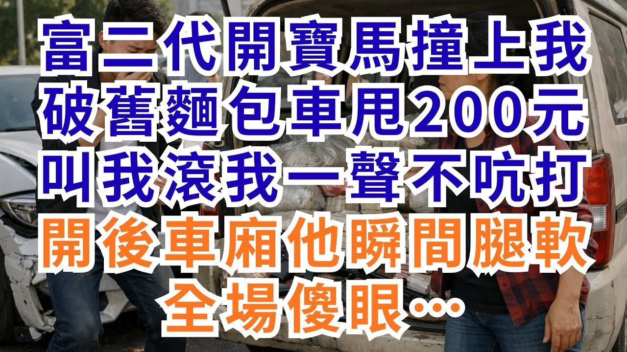 深夜淺談 富二代開寶馬撞上我破舊麵包車，甩200元叫我滾，我一聲不吭打開後車廂——他瞬間腿軟，全場傻眼…#情感故事 #深夜淺讀 #人生反轉 #以貌取人 #社會現實 #真實故事