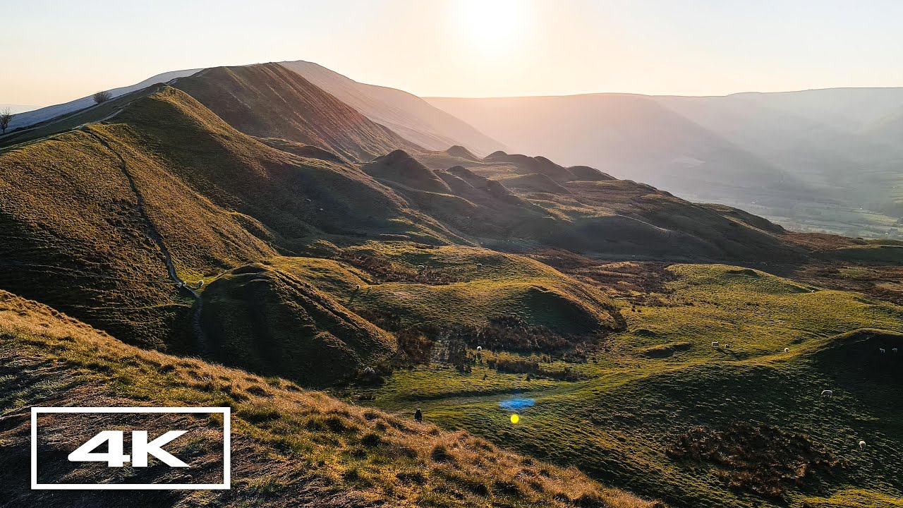 Peak District Mam Tor Sunset 4k Walk Tour, ASMR Natural Forest Relaxing Sound