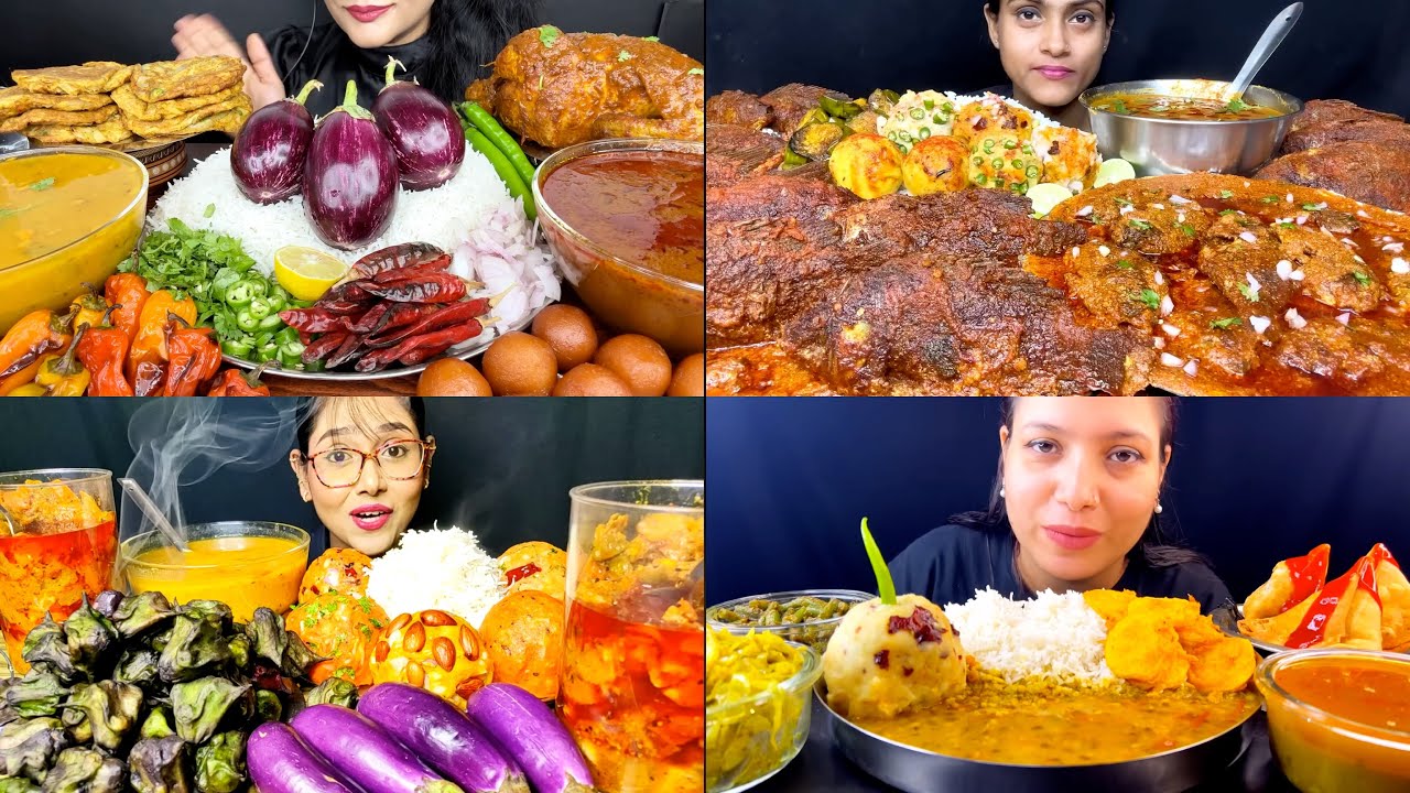 Asmr:Eating Daal Chawal With Different types Of Bharta,Baigan Bharta,Aloo Bharta,Omelette,chicken🔥
