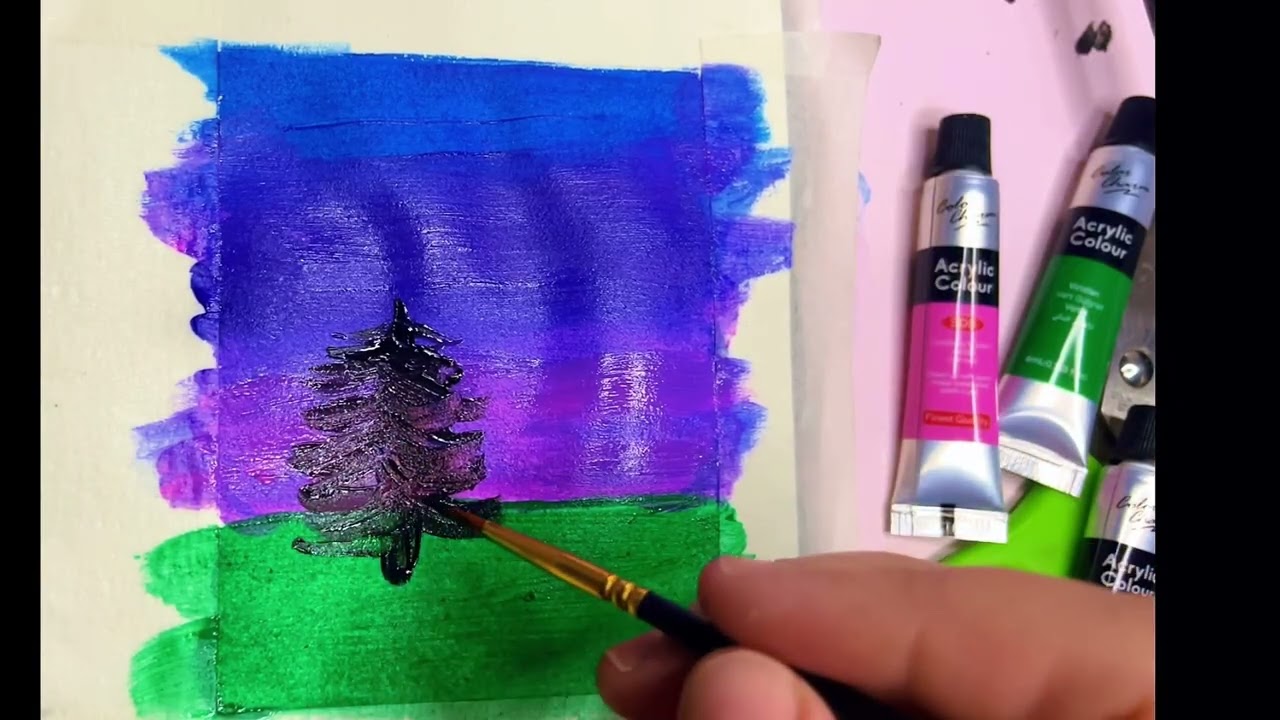 Violet sky acrylic paint / art therapy / draw with me 