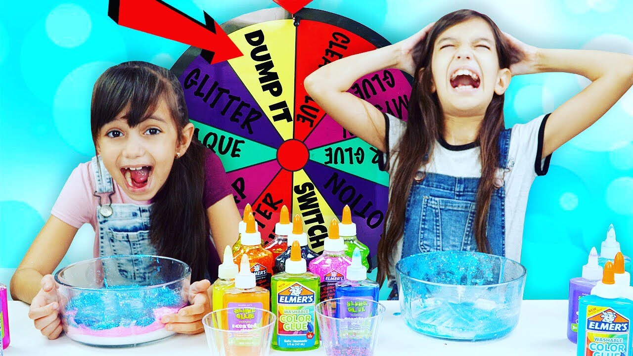 MYSTERY WHEEL OF DUMP IT SLIME CHALLENGE! | Emily and Evelyn