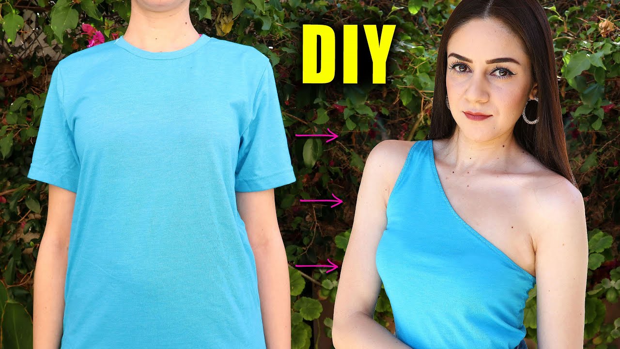 DIY 2 EASY T-SHIRT TRANSFORMATIONS (ONE SHOULDER & PEASANT TOP) || Lucykiins
