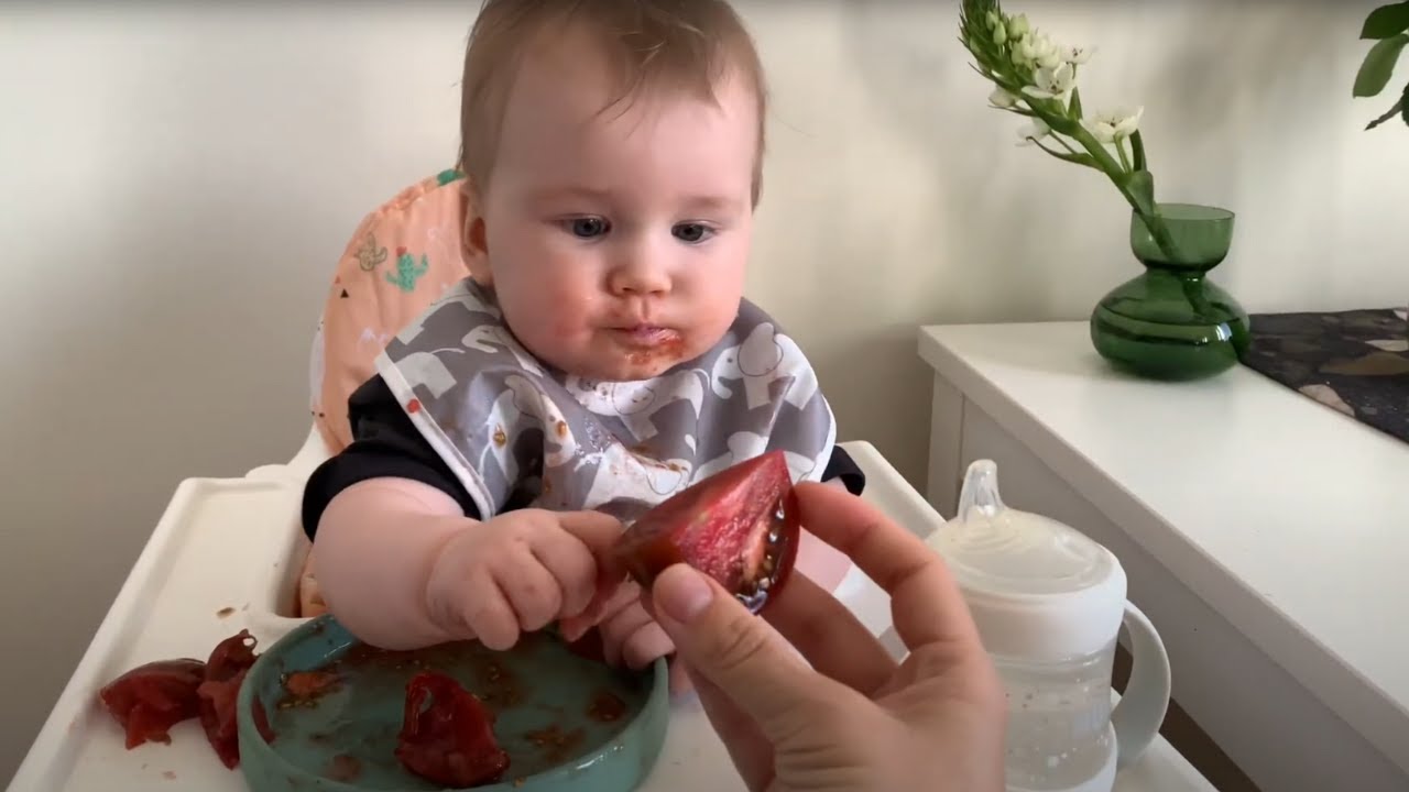 BLW: Первый раз пробует помидоры 🍅 6 месяцев и 7 дней 👶 Прикорм кусочками 🦷 Будни мамы в Швеции