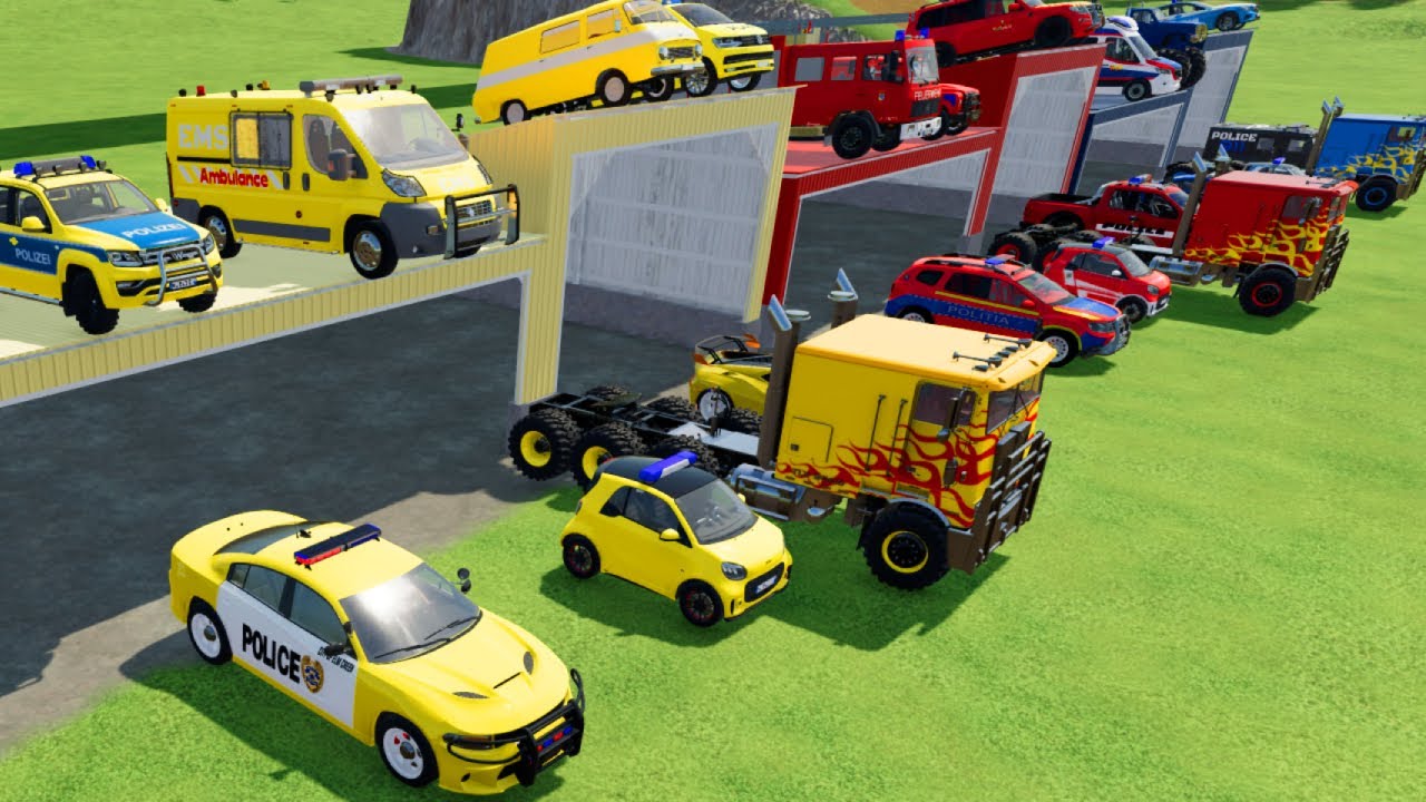 TRANSPORTING CARS, AMBULANCE, POLICE CARS, FIRE TRUCK OF COLORS! WITH TRUCKS! - FS 22