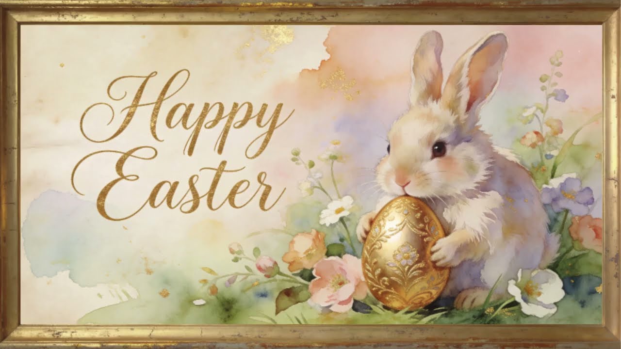 Easter Bunny Painting in Gold Frame 🐇 1 Hour with music | Frame TV Art 4K Screensaver | Easter Eggs