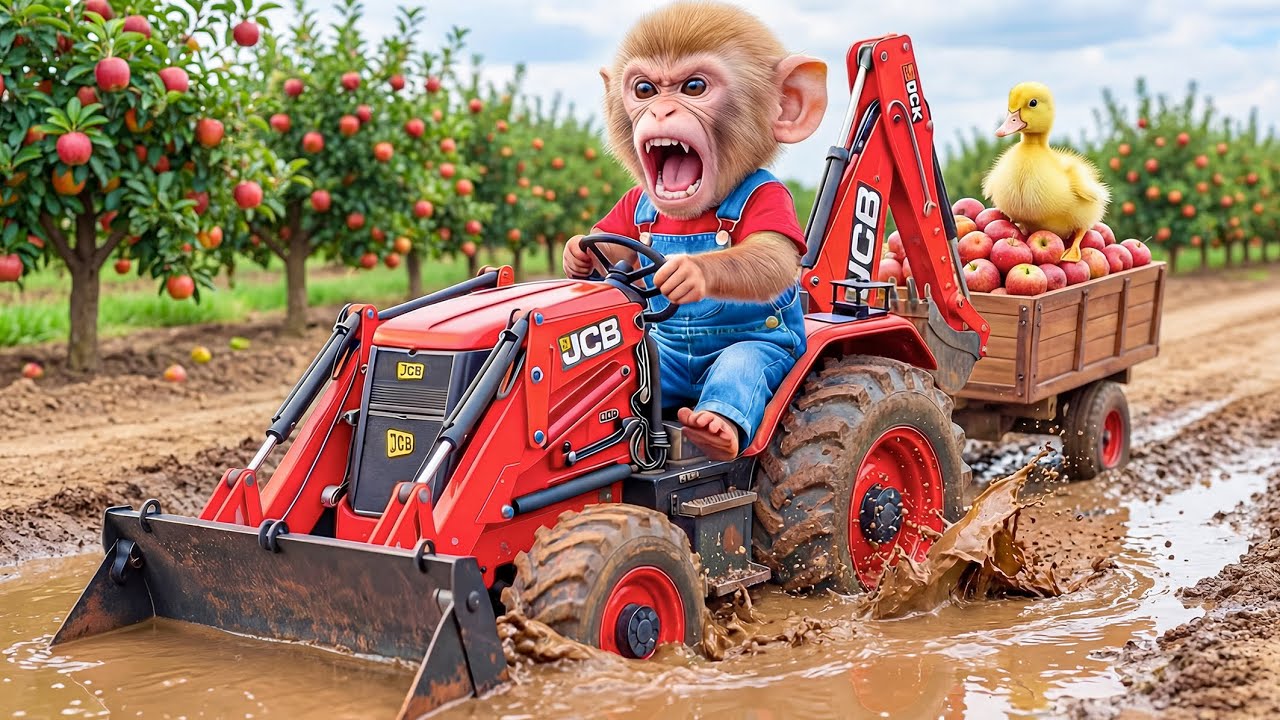Monkey Nana the JCB Tractor Excavator & the Heartwarming Apple Harvest and Lost Duck Rescue 🐒🍎🦆