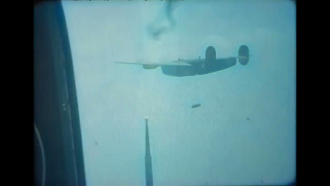 1944 WW2 US Medium BOMBER PLANE Aircraft Mission Drops Bombs flying with Engine out-AI Colored 16mm